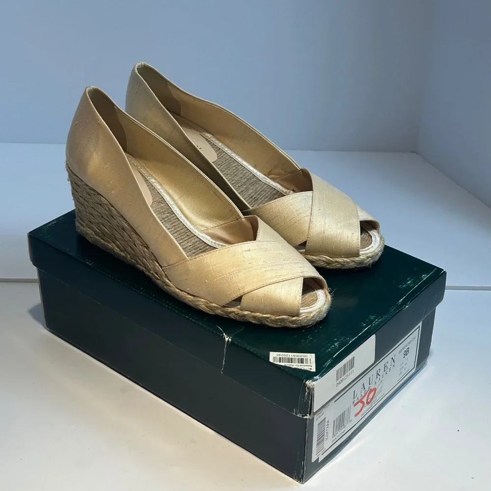 Lauren‎ Ralph Lauren Cecilia Parchment Shantung Espadrille Wedges Gold 9B Spain